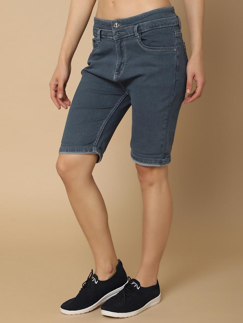 women solid mid rise denim short - 21103177 - Standard Image - 1
