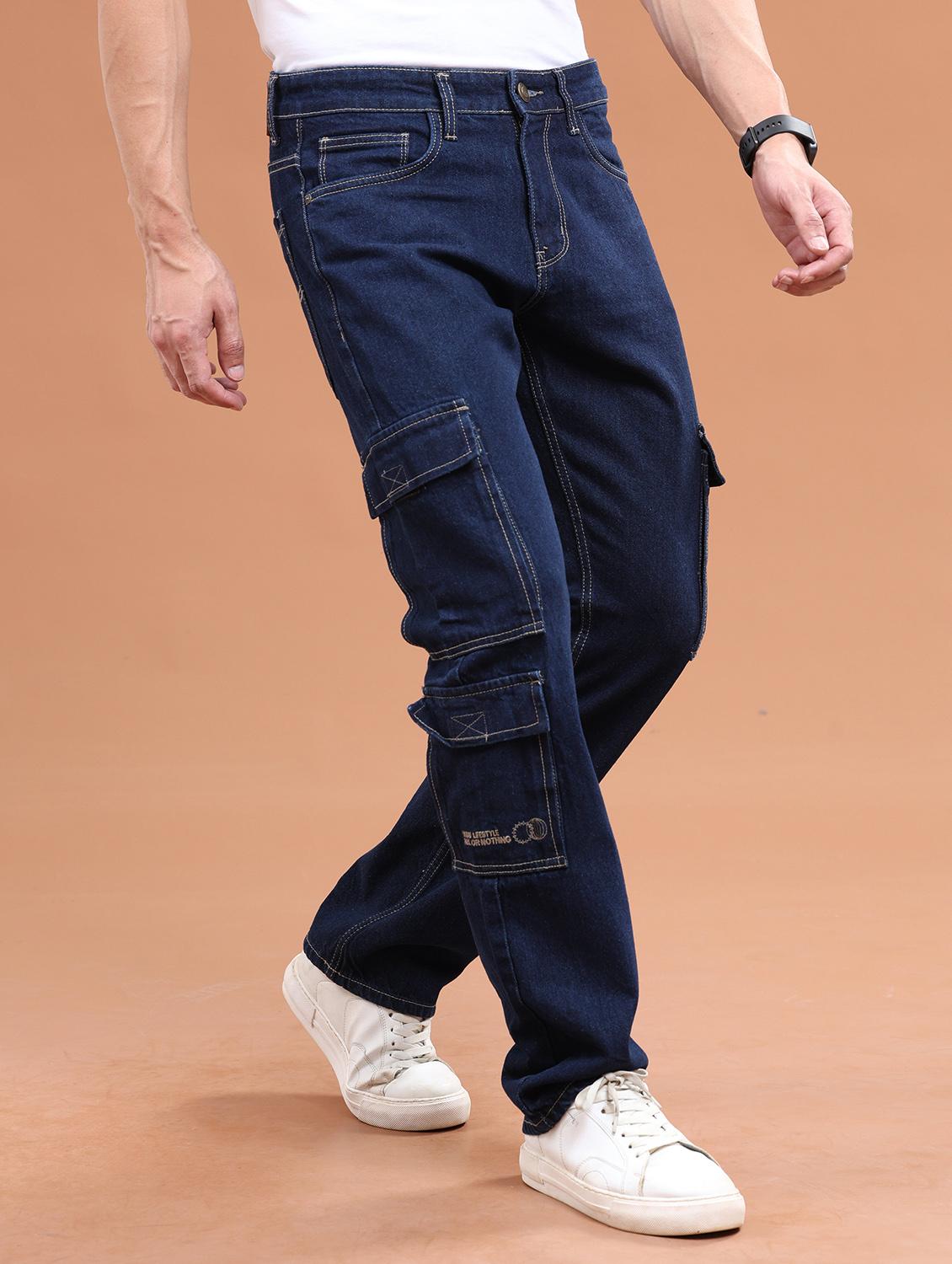 men solid navy blue cargo jeans - 21104053 - Standard Image - 1