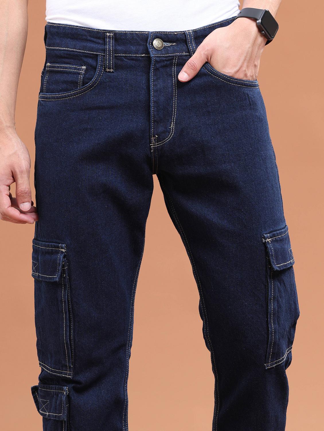 men solid navy blue cargo jeans - 21104053 - Standard Image - 4
