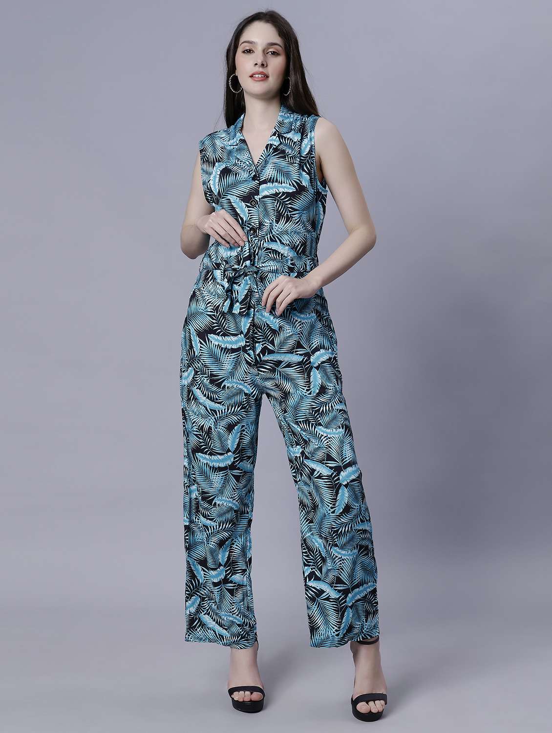 women lapel collar full length jumpsuit