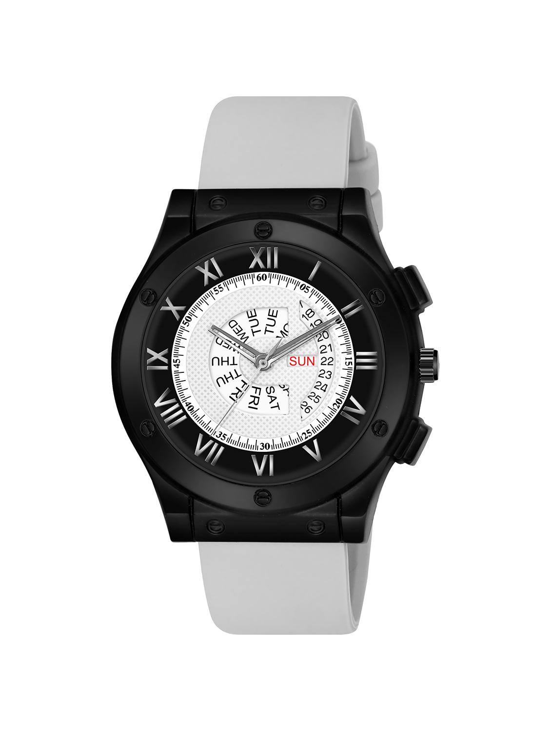 lorenz white day & date dial analog watch with grey silicone buckle lock strap | watch for men | mk-4092r - 21104261 - Zoom Image - 0
