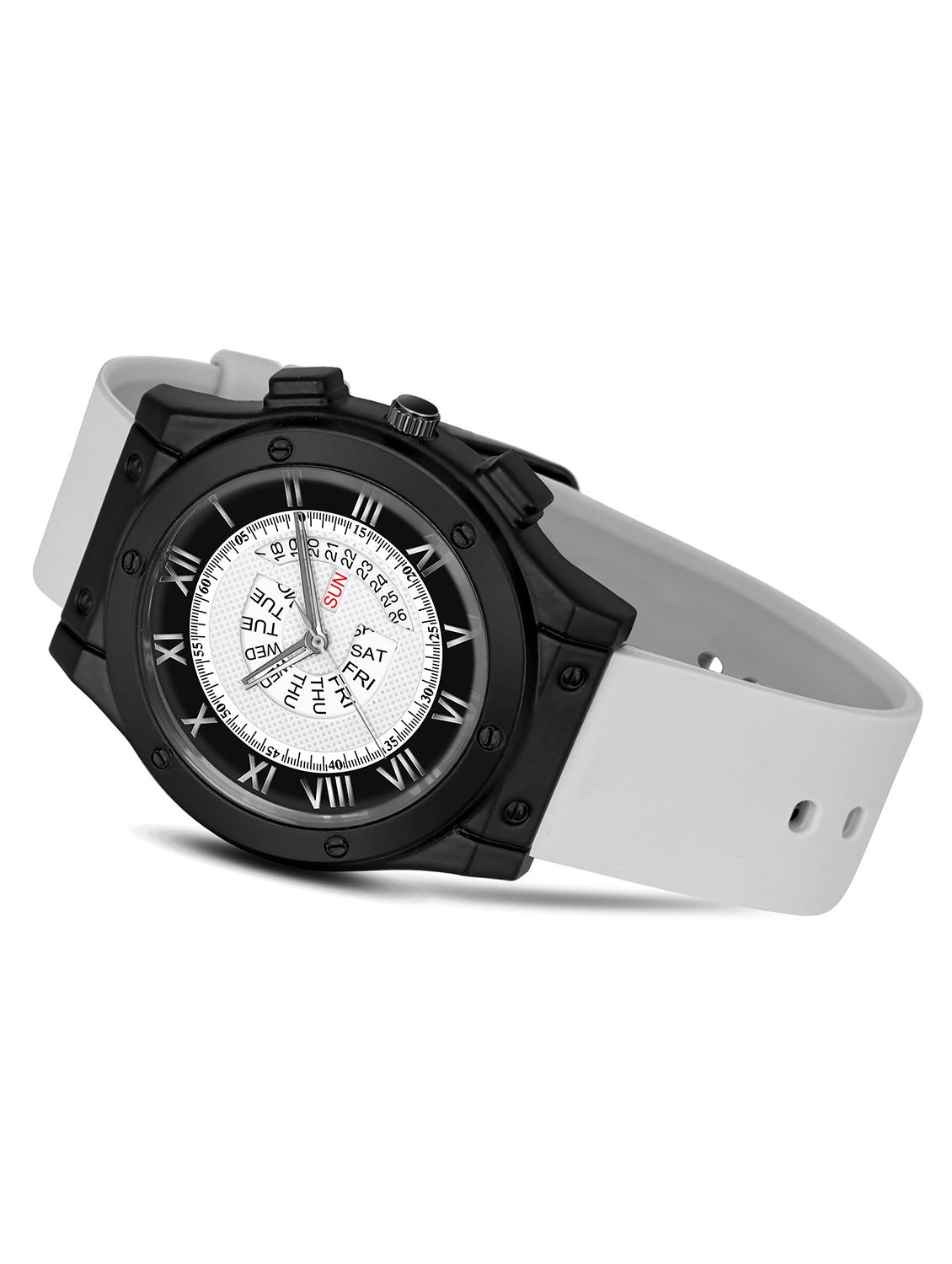 lorenz white day & date dial analog watch with grey silicone buckle lock strap | watch for men | mk-4092r - 21104261 -  Standard Image - 1