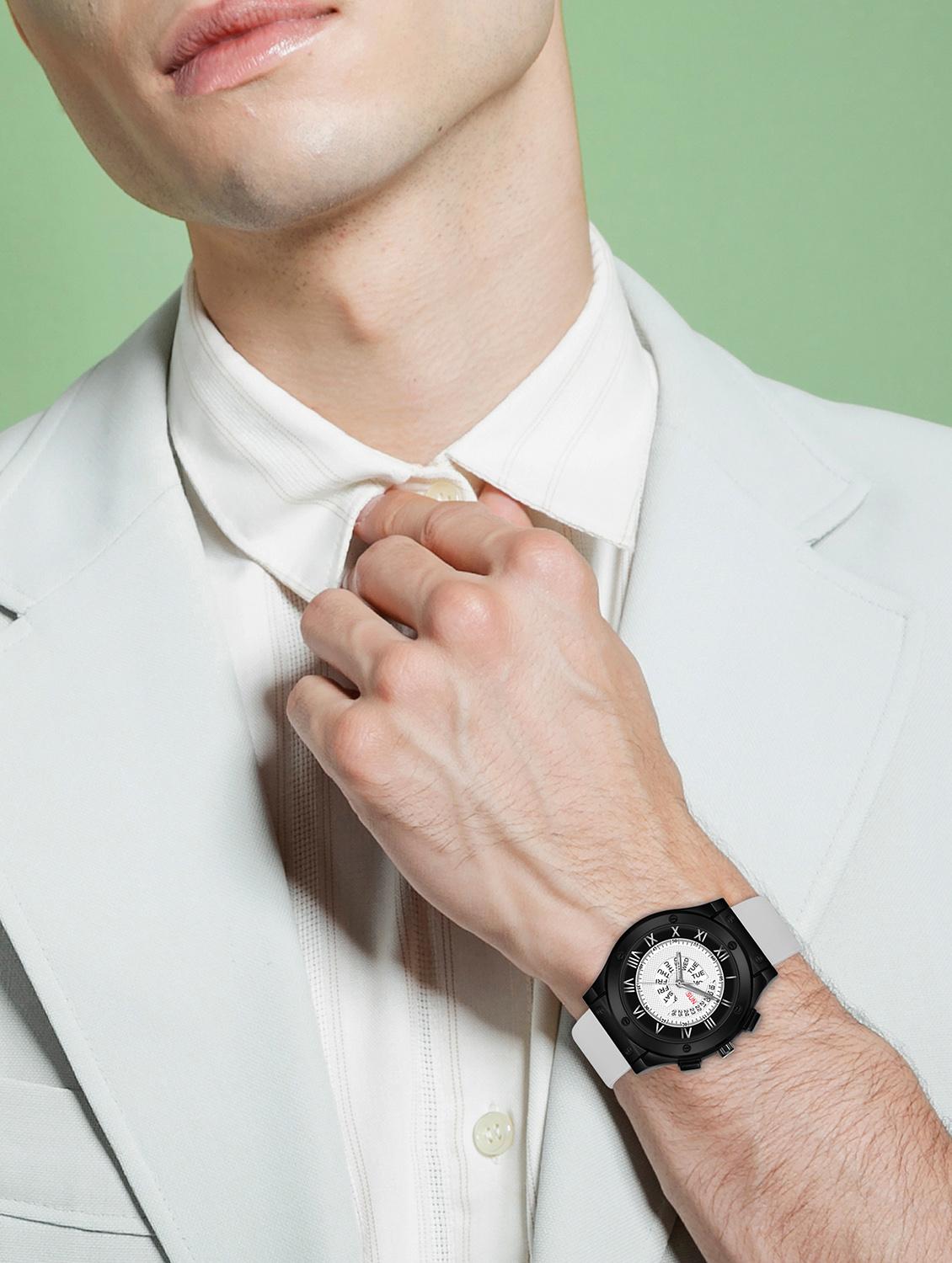lorenz white day & date dial analog watch with grey silicone buckle lock strap | watch for men | mk-4092r - 21104261 - Standard Image - 4