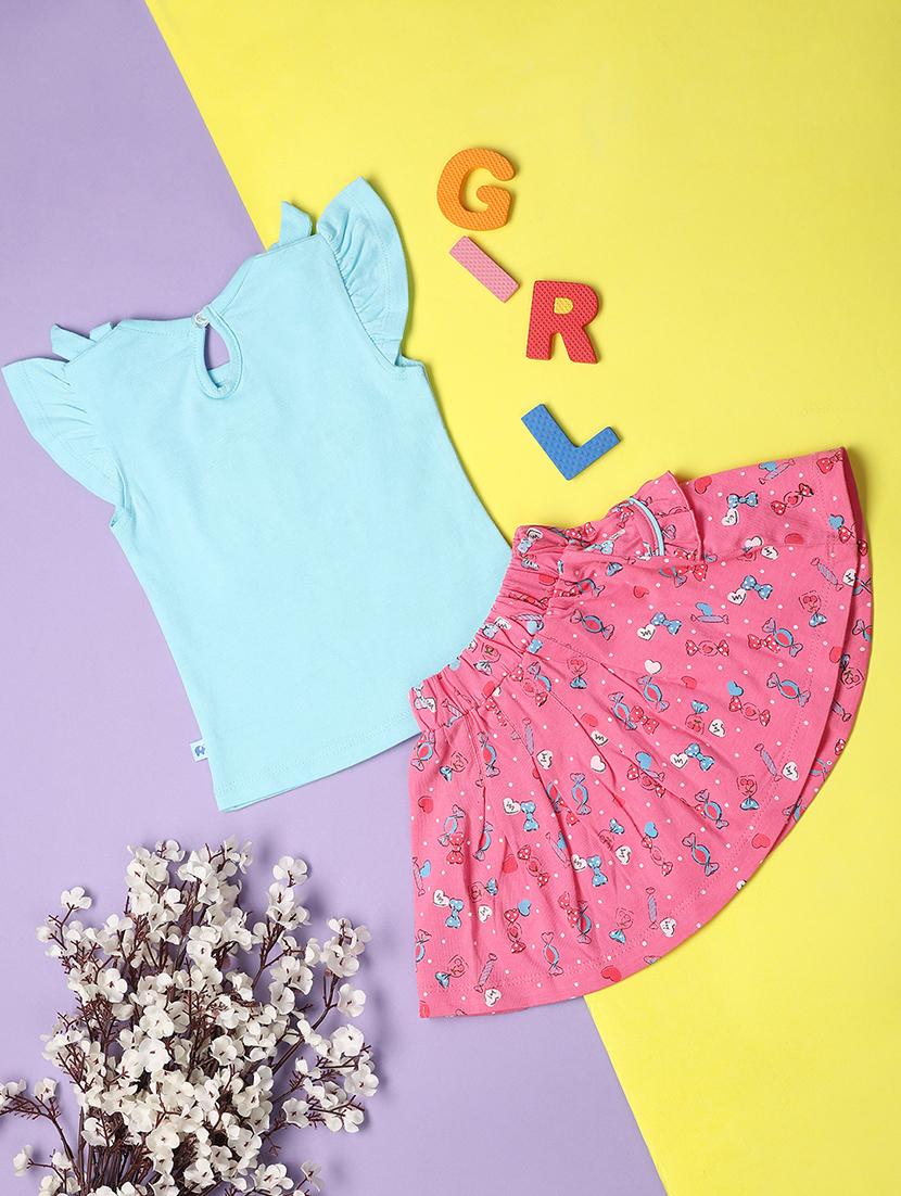 kids blue cotton printed top & skirt set - 21104410 -  Standard Image - 1