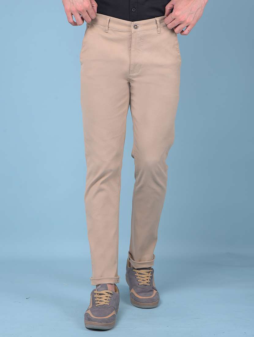 men solid beige flat front trouser