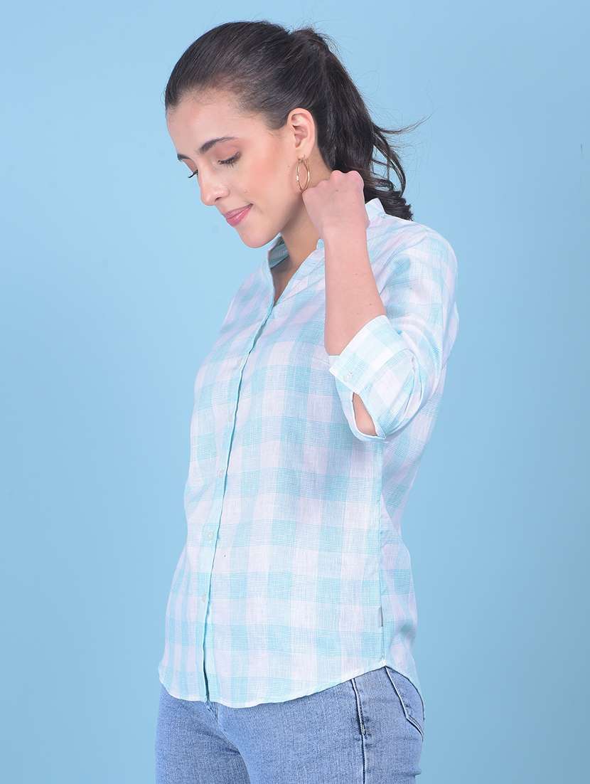 women checkered mandrain neck shirt