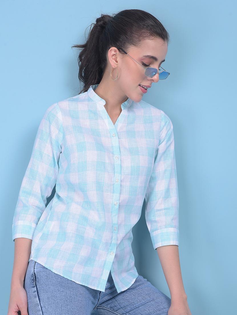 women checkered mandrain neck shirt - 21110817 -  Standard Image - 1