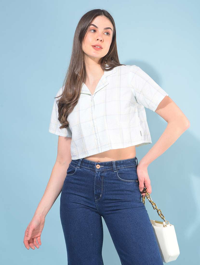 women checkered collared crop shirt - 21110838 -  Standard Image - 1