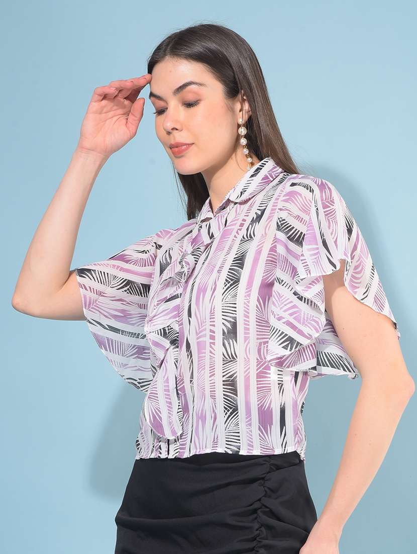 women printed collared crop top