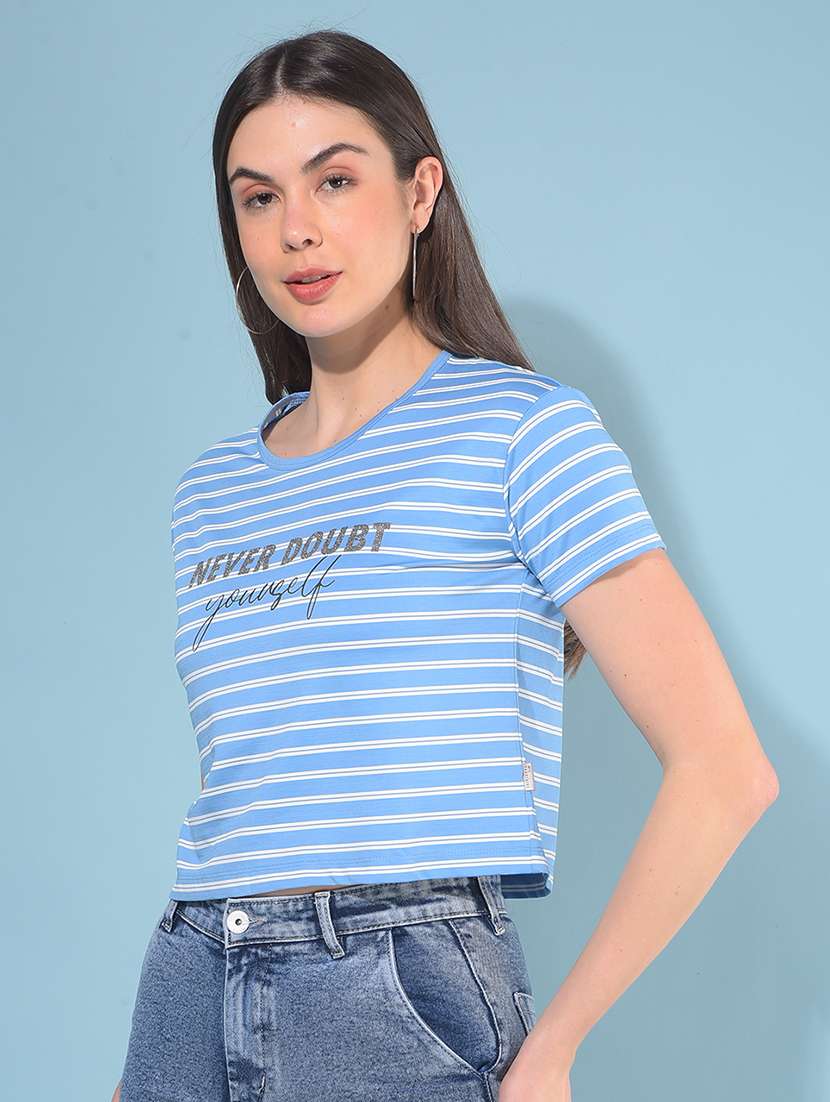 Blue Polyester Crop Tshirt