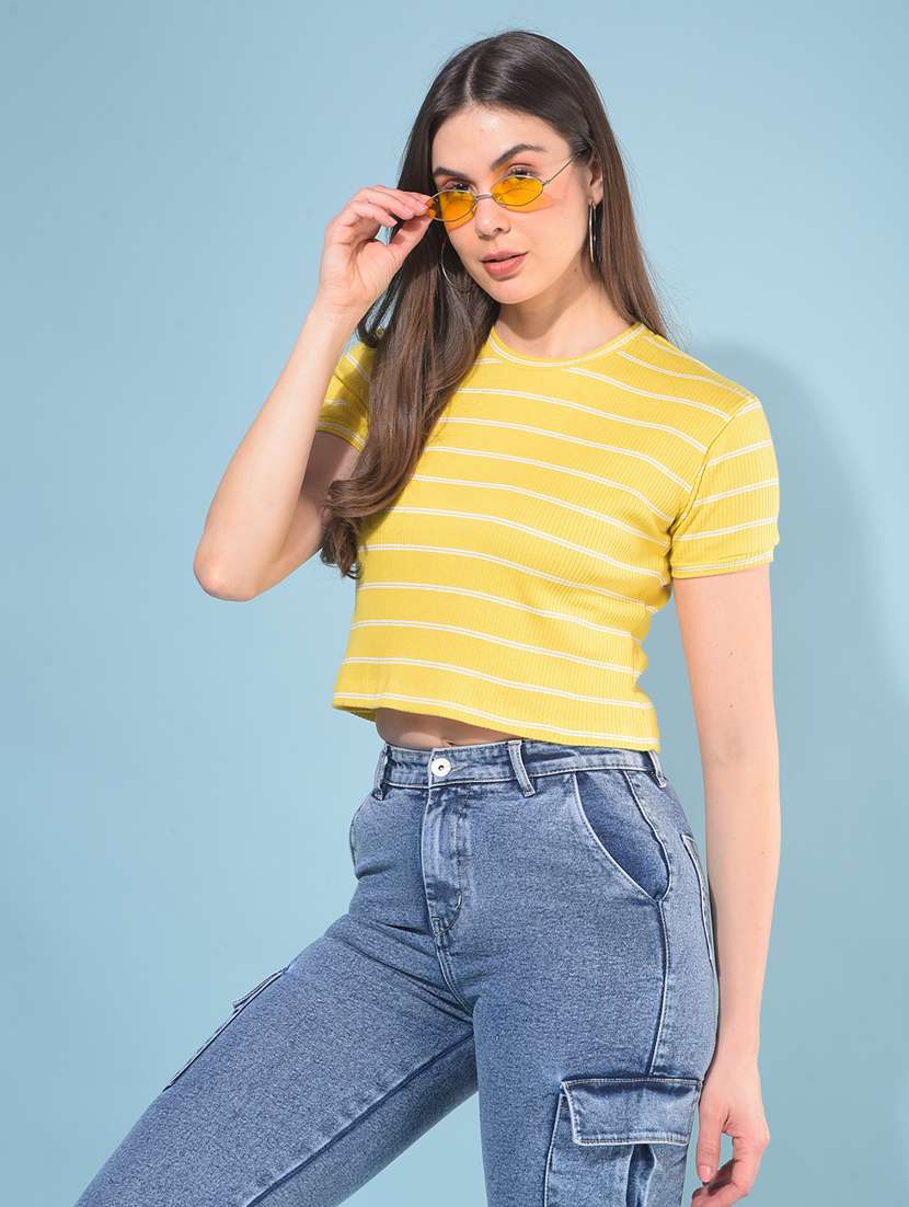 Women Striped Round Neck Crop Top