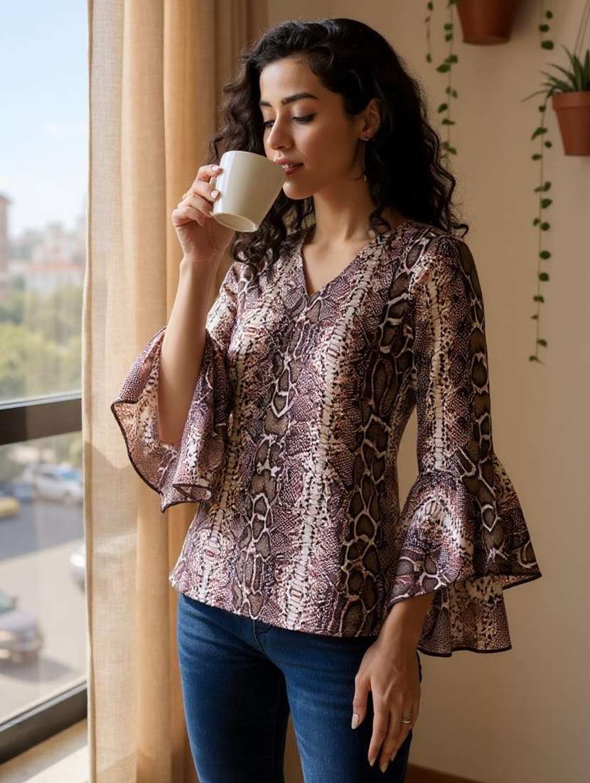 women animal print ruffle sleeves top