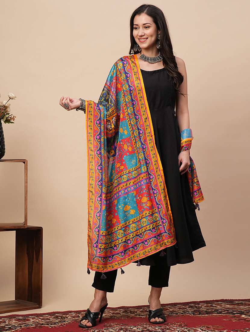 globus women multi colour ethnic motifs with dupatta with tassel detailing