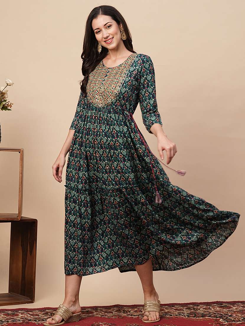 women teal floral printed flared ethnic dress - 21116261 -  Standard Image - 1