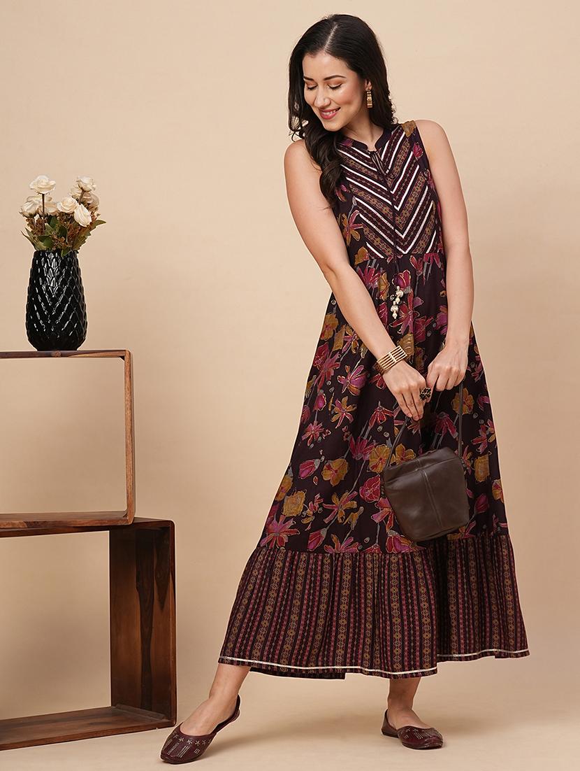 globus women burgundy allover floral printed mandarin neck gota patti a-line festive maxi dress - 21116262 - Zoom Image - 0