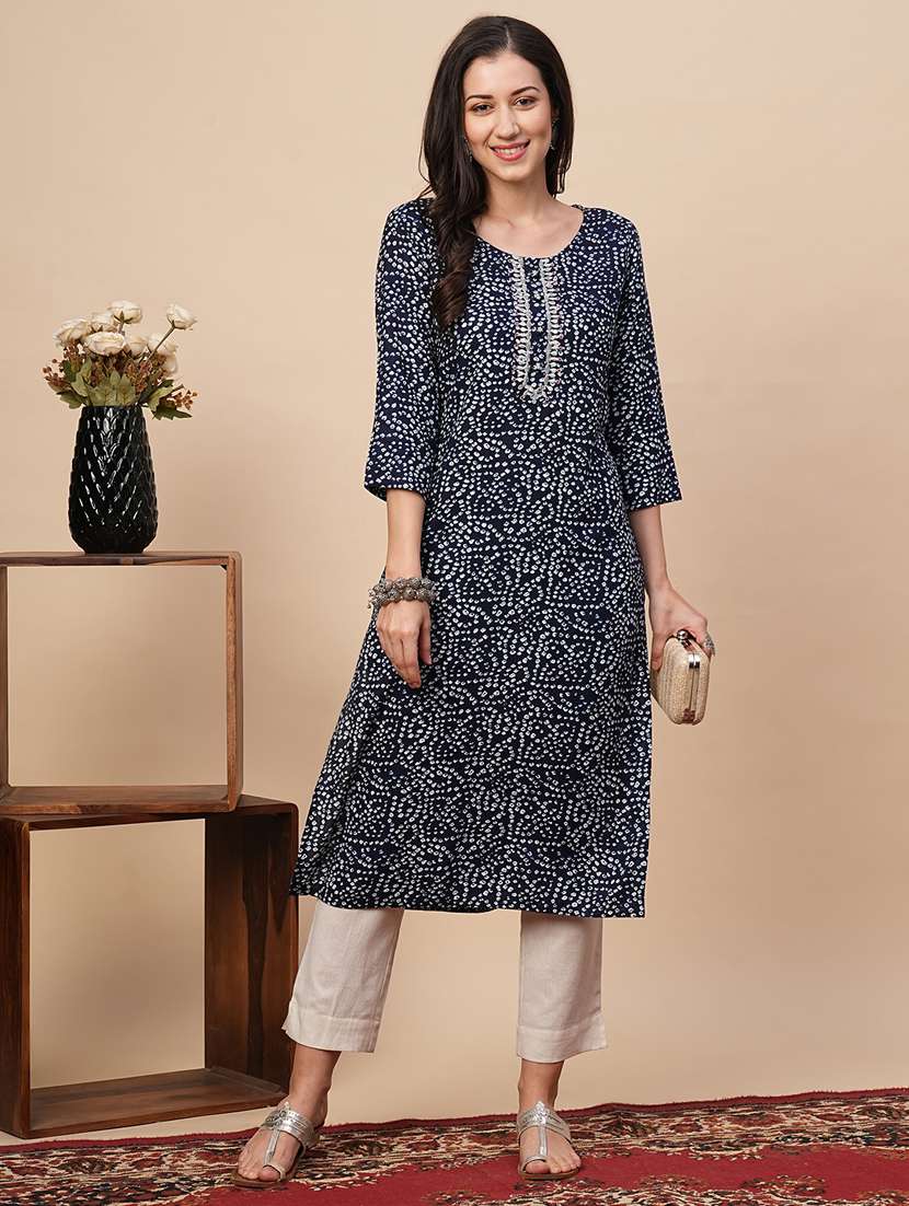 navy blue bandhani printed straight kurta