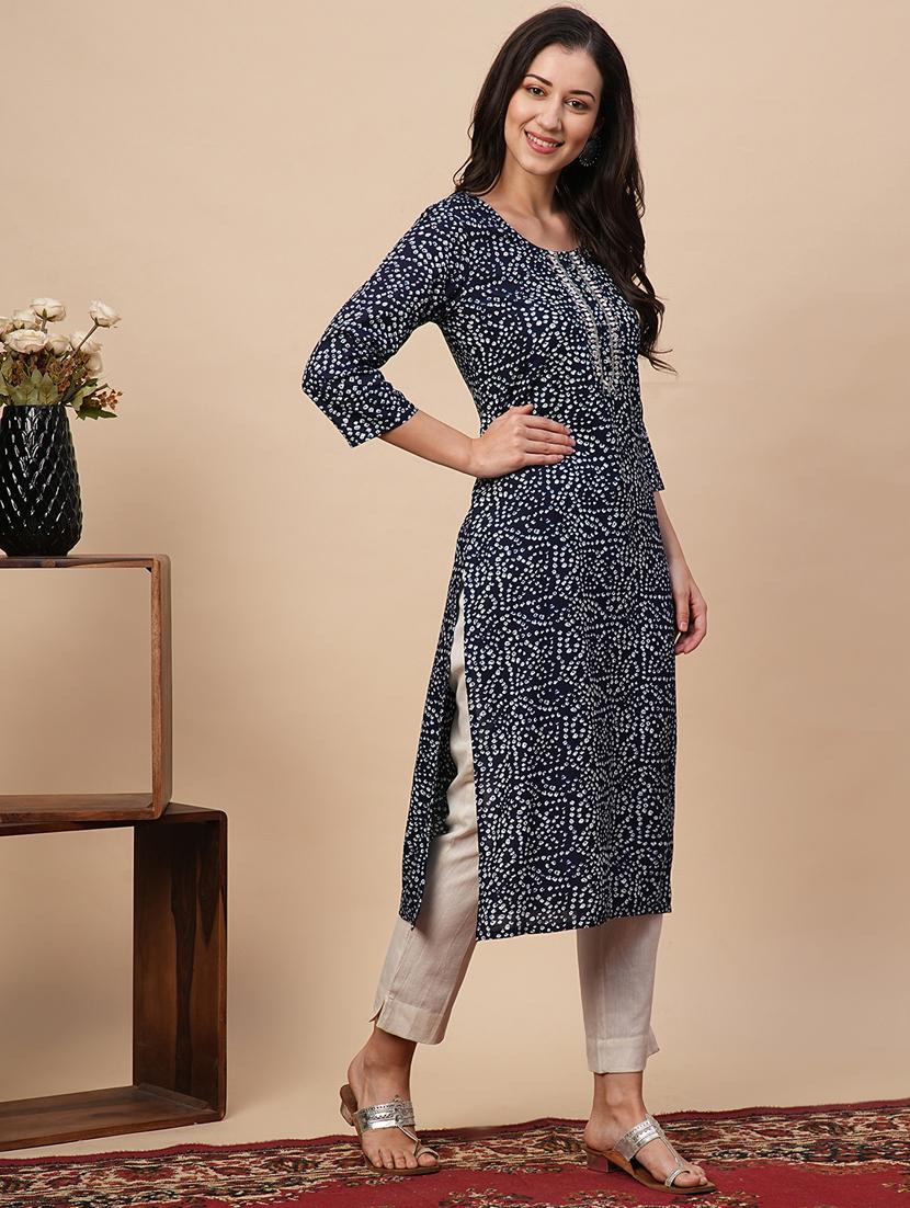 navy blue bandhani printed straight kurta - 21116265 - Standard Image - 1