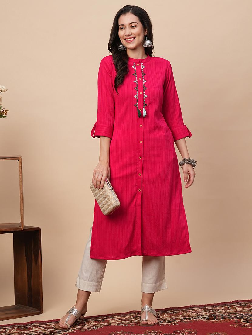 pink embroidered front & side both slit kurta - 21116267 - Standard Image - 1