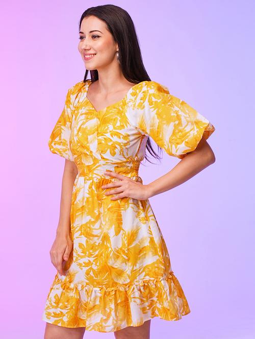 globus women yellow floral print wrap neck balloon sleeves fit & flare summer dress - 21116272 - Standard Image - 0