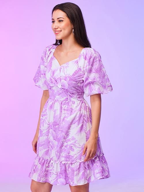 globus women lavender floral print wrap neck balloon sleeves fit & flare summer dress - 21116273 -  Standard Image - 0