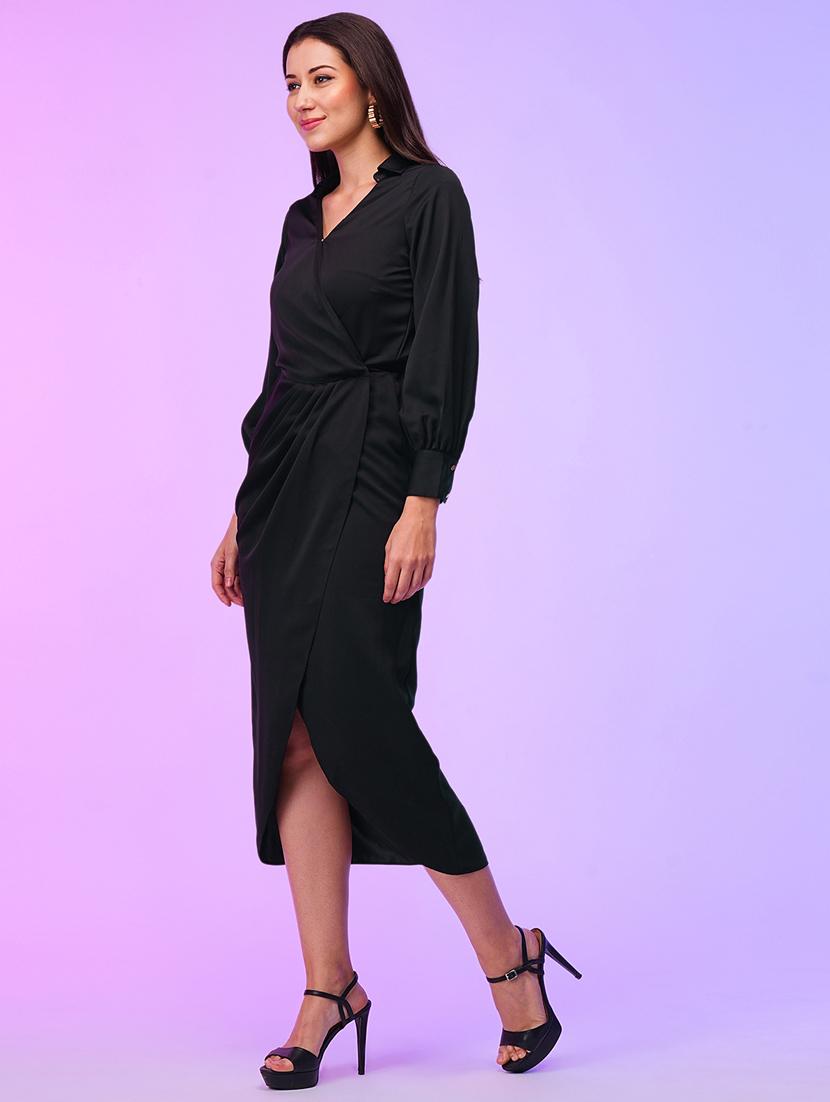 globus women black cuffed sleeves wrap neck tulip hem draped midi party dress - 21116280 -  Standard Image - 1