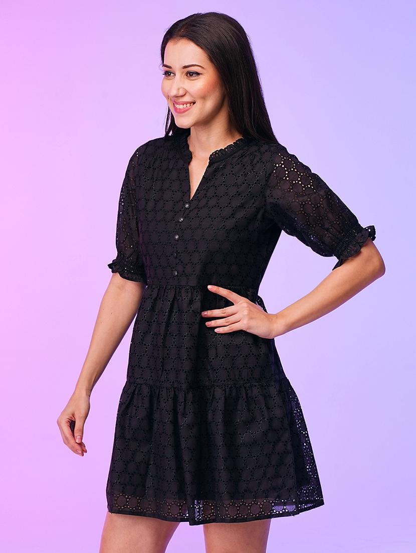 cotton black schiffli self design puff sleeves gathered tiered cotton fit & flare dress - 21116294 - Standard Image - 1