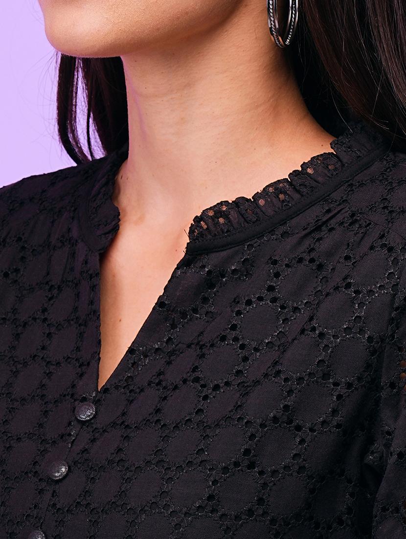 cotton black schiffli self design puff sleeves gathered tiered cotton fit & flare dress - 21116294 - Standard Image - 4