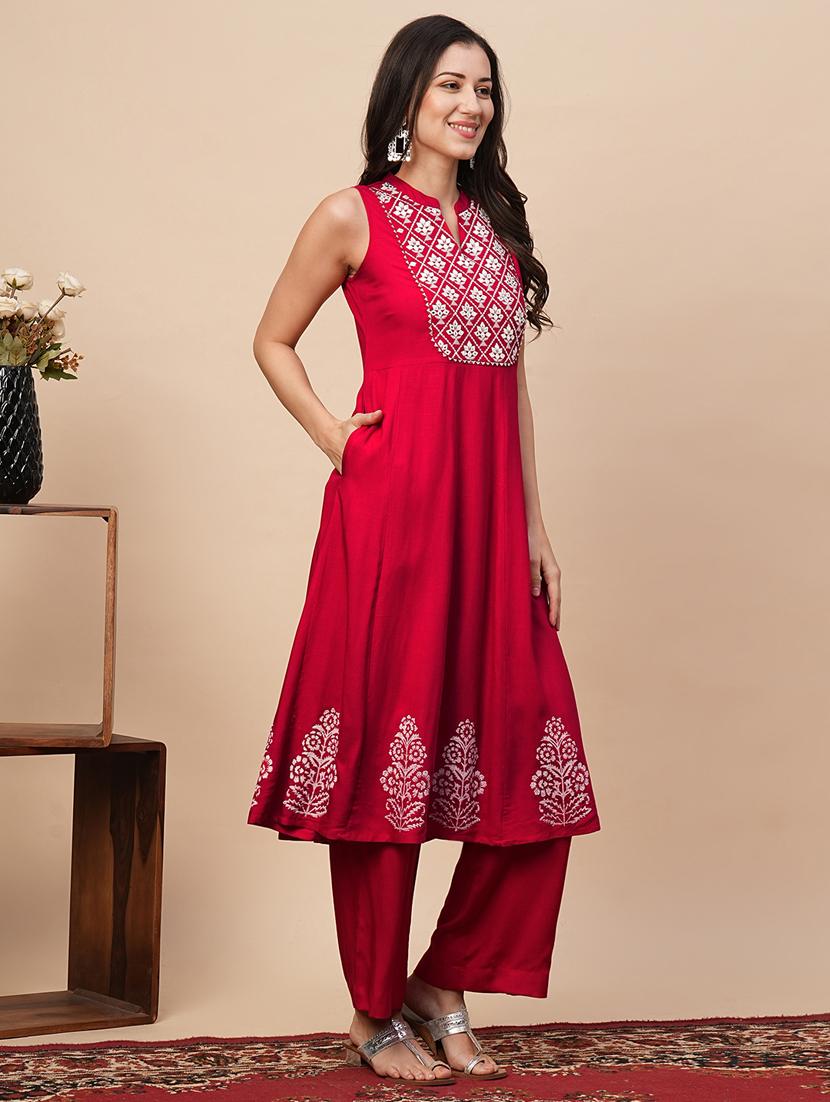 globus women red embroidered yoke panelled a-line kurta with straight pants - 21116305 - Standard Image - 1