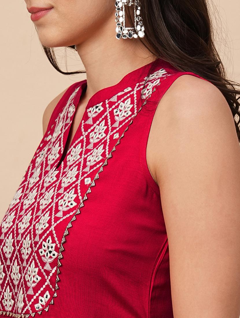 globus women red embroidered yoke panelled a-line kurta with straight pants - 21116305 - Standard Image - 4