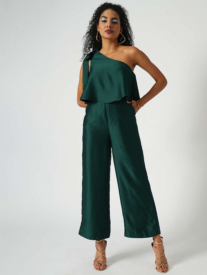 globus women green one shoulder tie-up party jumpsuit