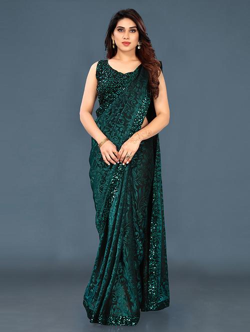women green embellished lace work saree with blouse - 21117013 - Standard Image - 0