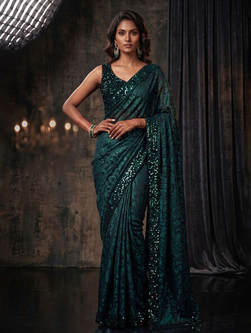 women green embellished lace work saree with blouse