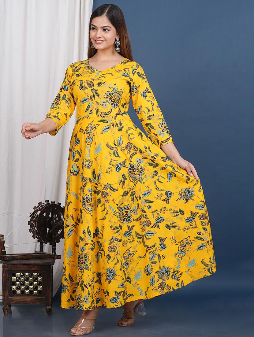 yellow viscose flared floral print kurta - 21129014 -  Standard Image - 1