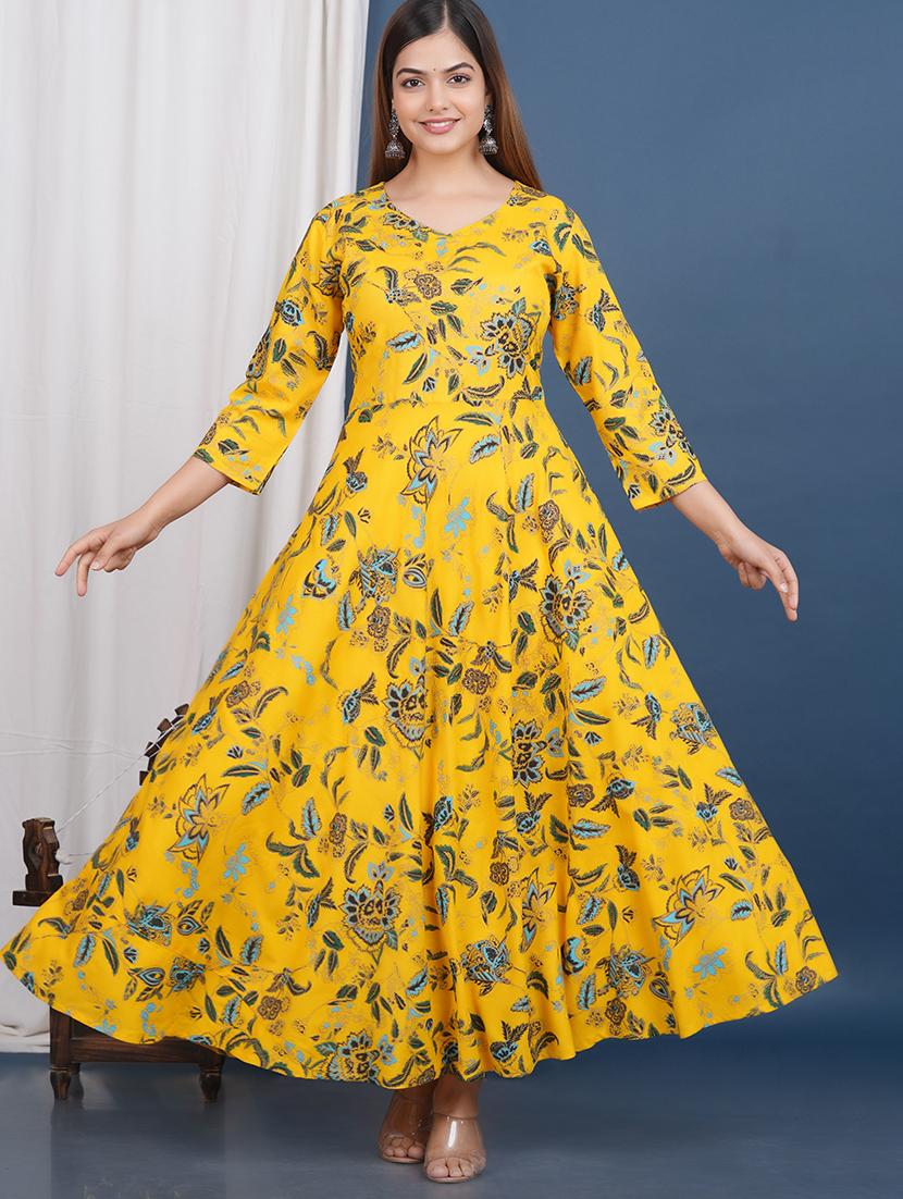 yellow viscose flared floral print kurta - 21129014 - Standard Image - 4