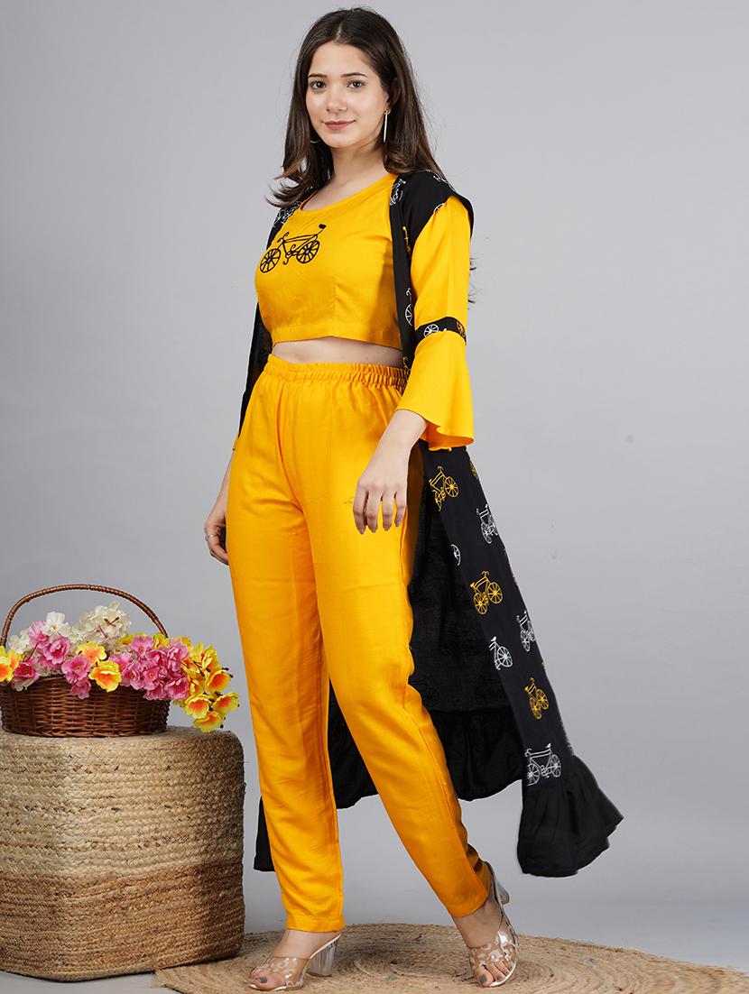 mustard & black viscose printed top, trouser & shrug co-ord set - 21129015 - Standard Image - 1