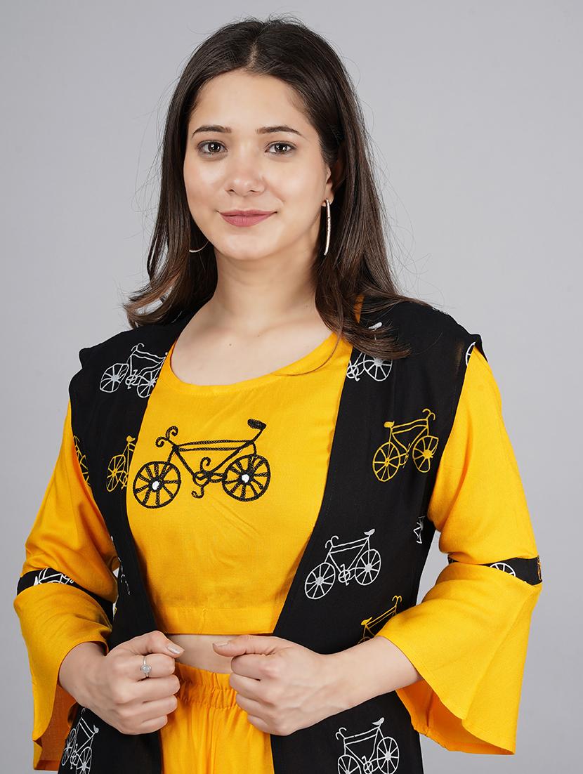mustard & black viscose printed top, trouser & shrug co-ord set - 21129015 - Standard Image - 4