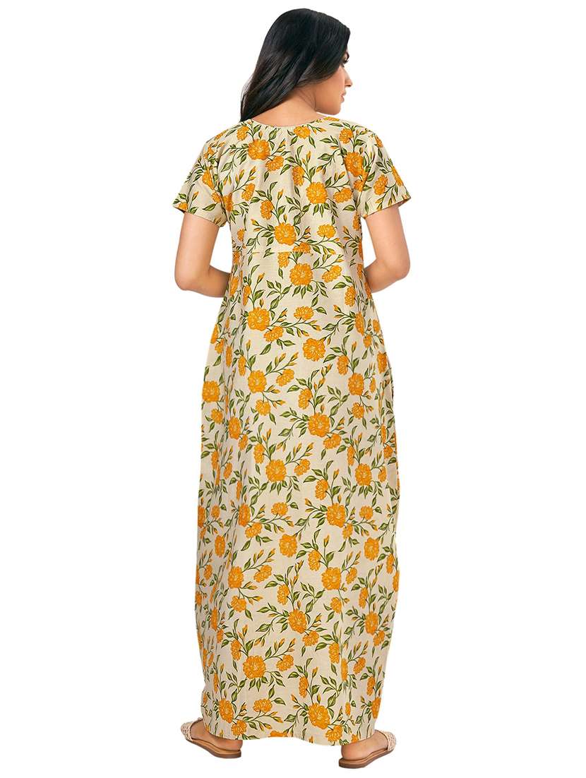 women yellow floral printed cotton nighty  - 21129863 -  Standard Image - 1