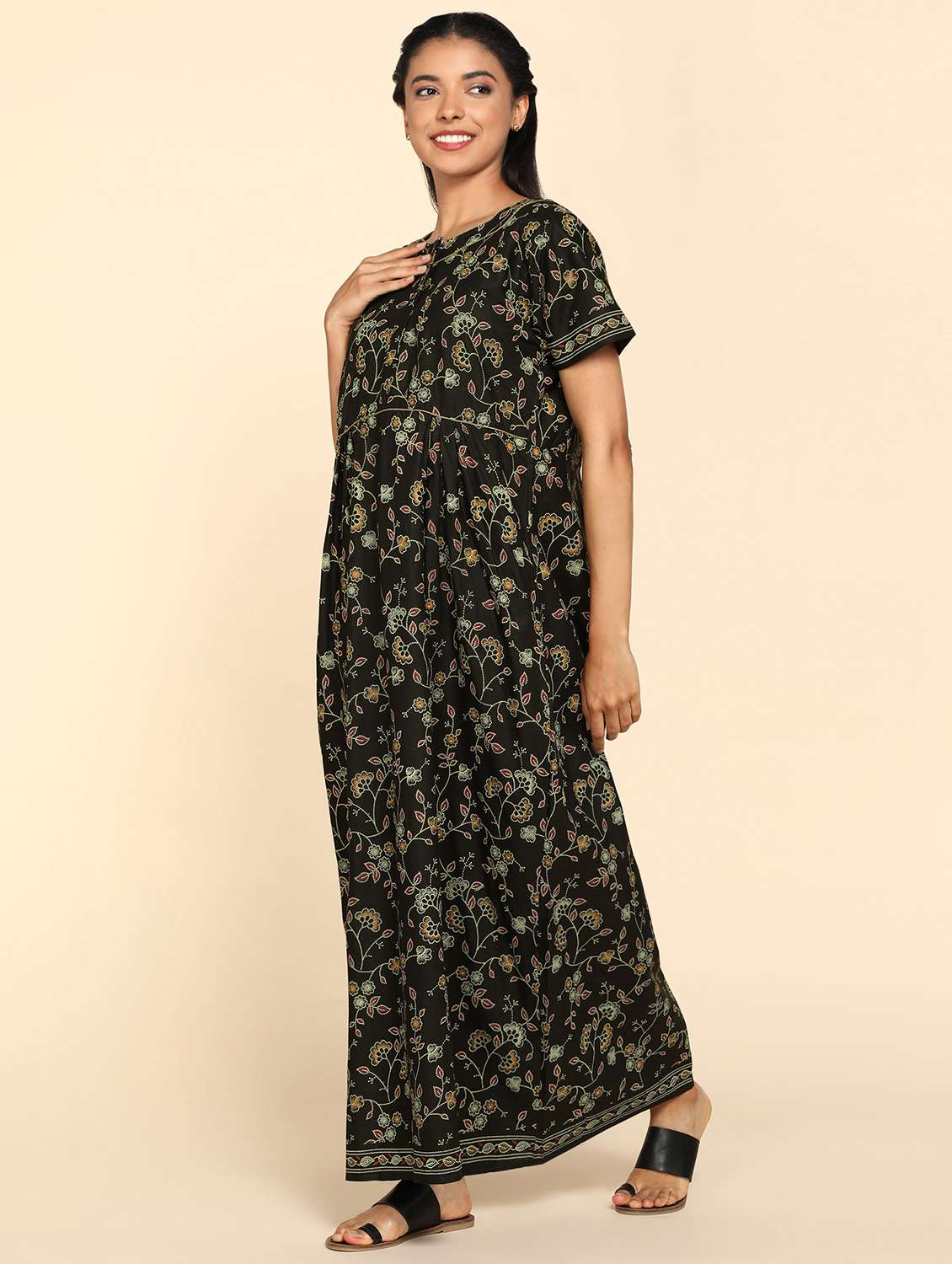 women olive green printed cotton nighty - 21129906 - Standard Image - 1