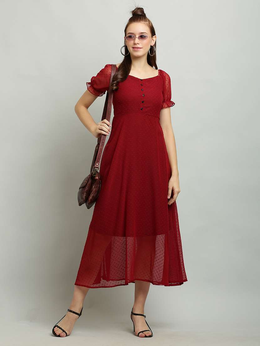 women solid puff sleeves a-line dress