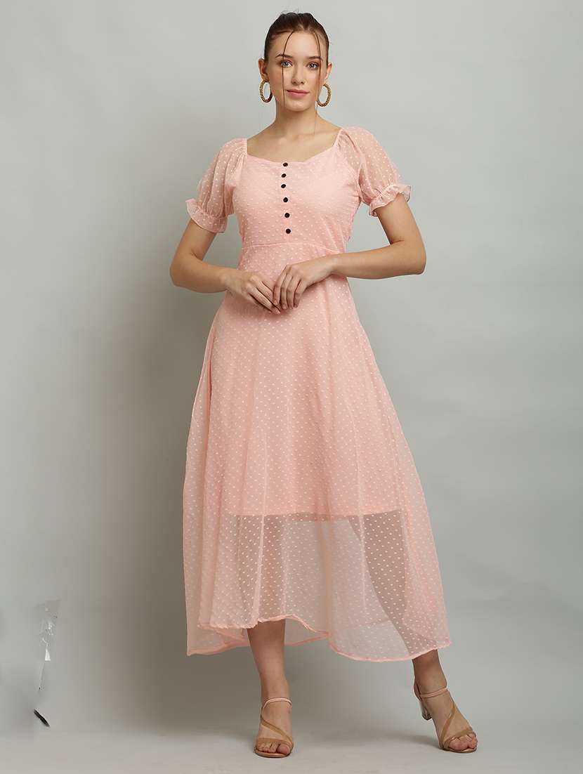 women solid puff sleeves a-line dress