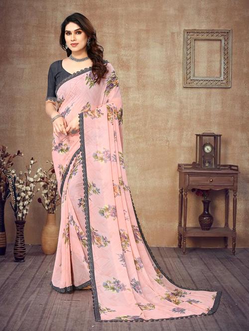 women pink floral printed georgette saree with blouse - 21130251 -  Standard Image - 0