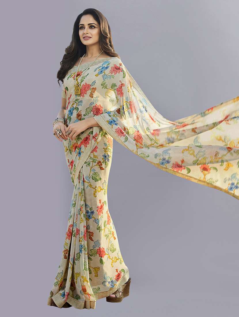 off white floral printed saree with blouse