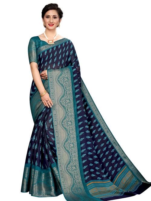 women blue self design zari bordered saree with blouse - 21130321 - Standard Image - 0