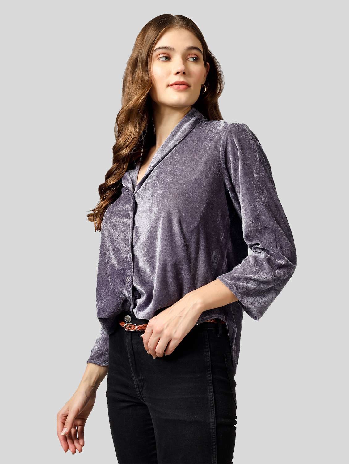 grey velvet shirt top