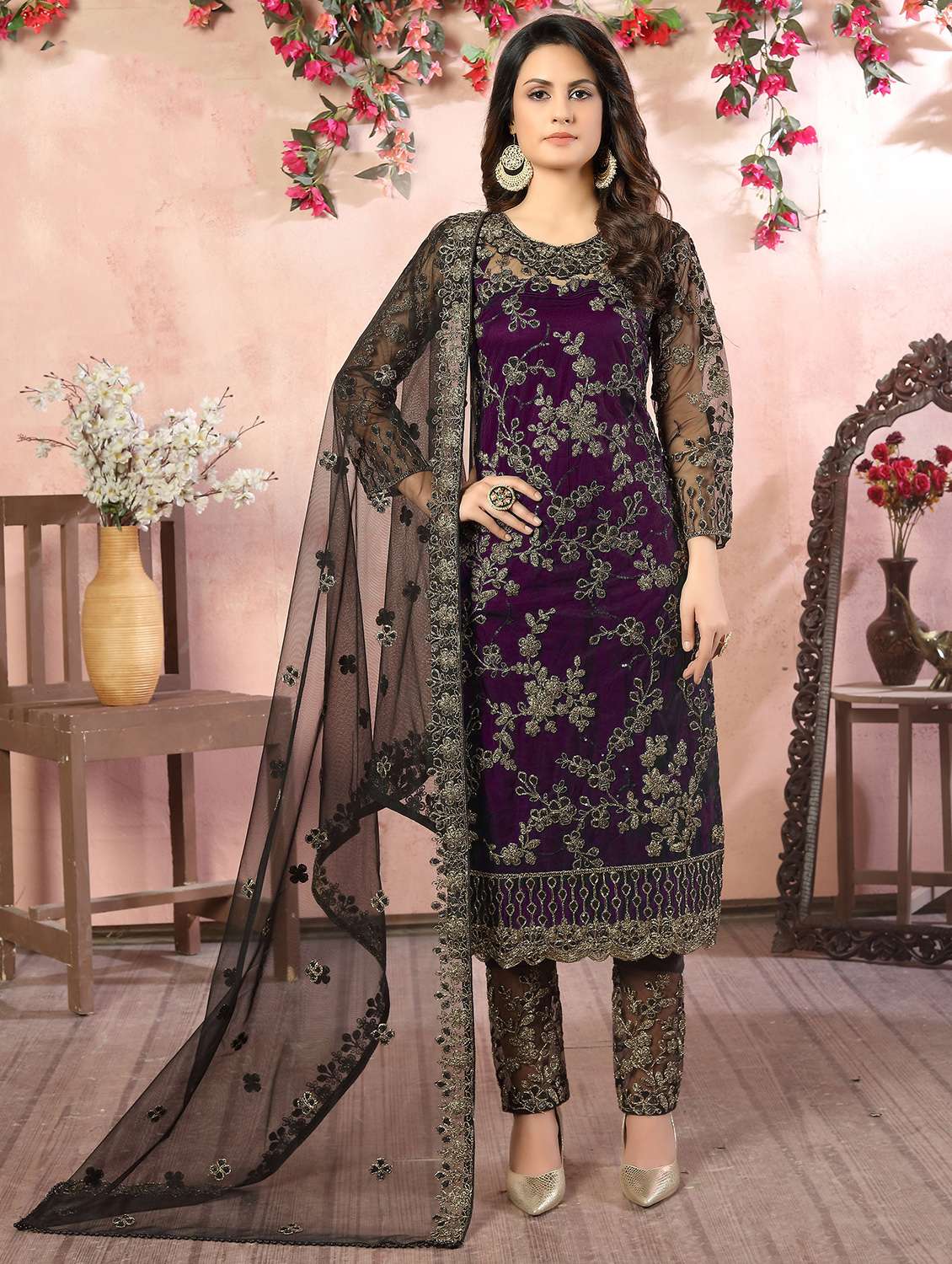 women embroidered semi-stitched suits