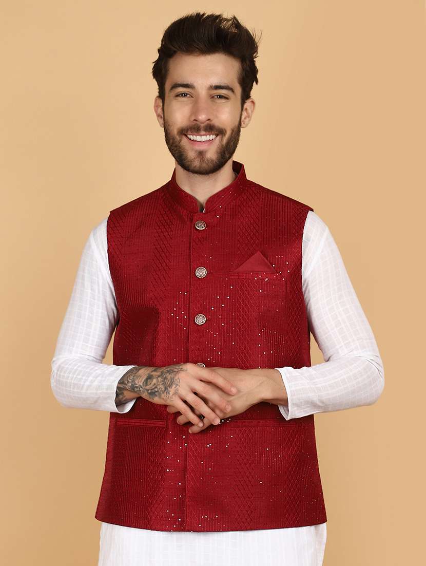 red solid with work nehru jacket - 21131063 -  Standard Image - 1