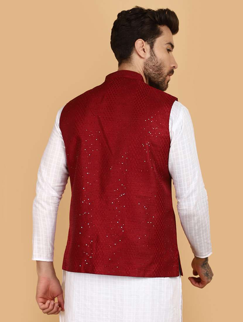 red solid with work nehru jacket - 21131063 -  Standard Image - 4