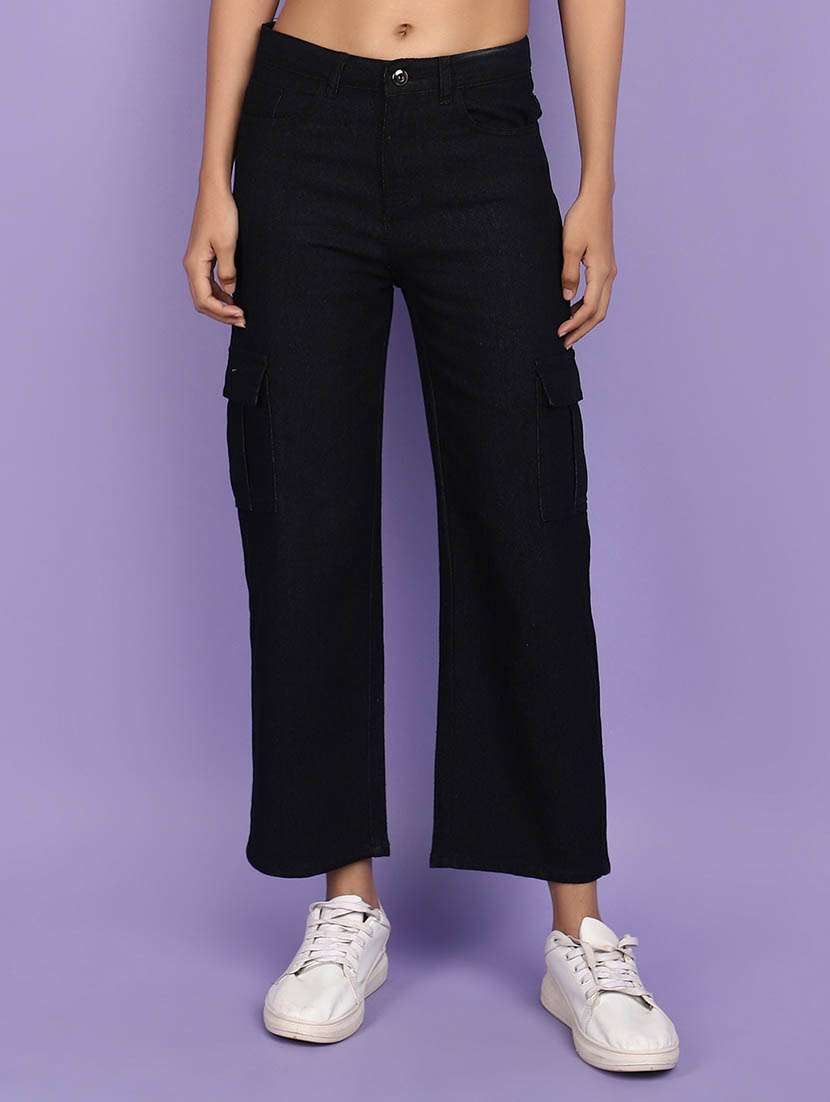 women solid black cotton cargos