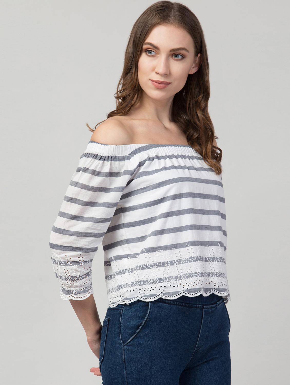 women striped off shoulder top - 21132187 - Standard Image - 4