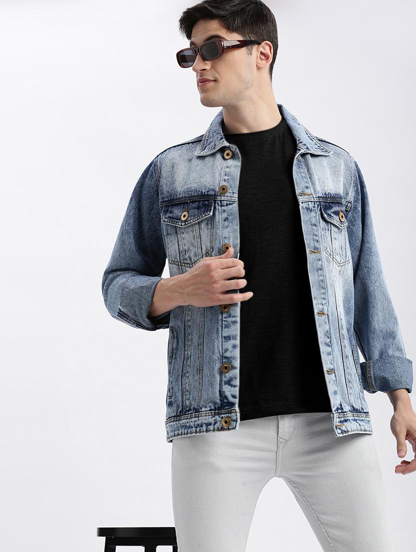 men denim jacket with spread collar - 21132360 - Standard Image - 1